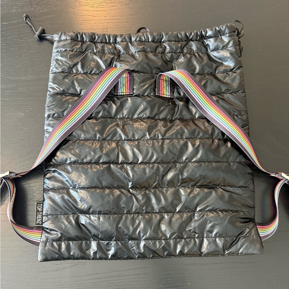 Top Trenz Shiny Black Drawstring bag with Multicolor Straps